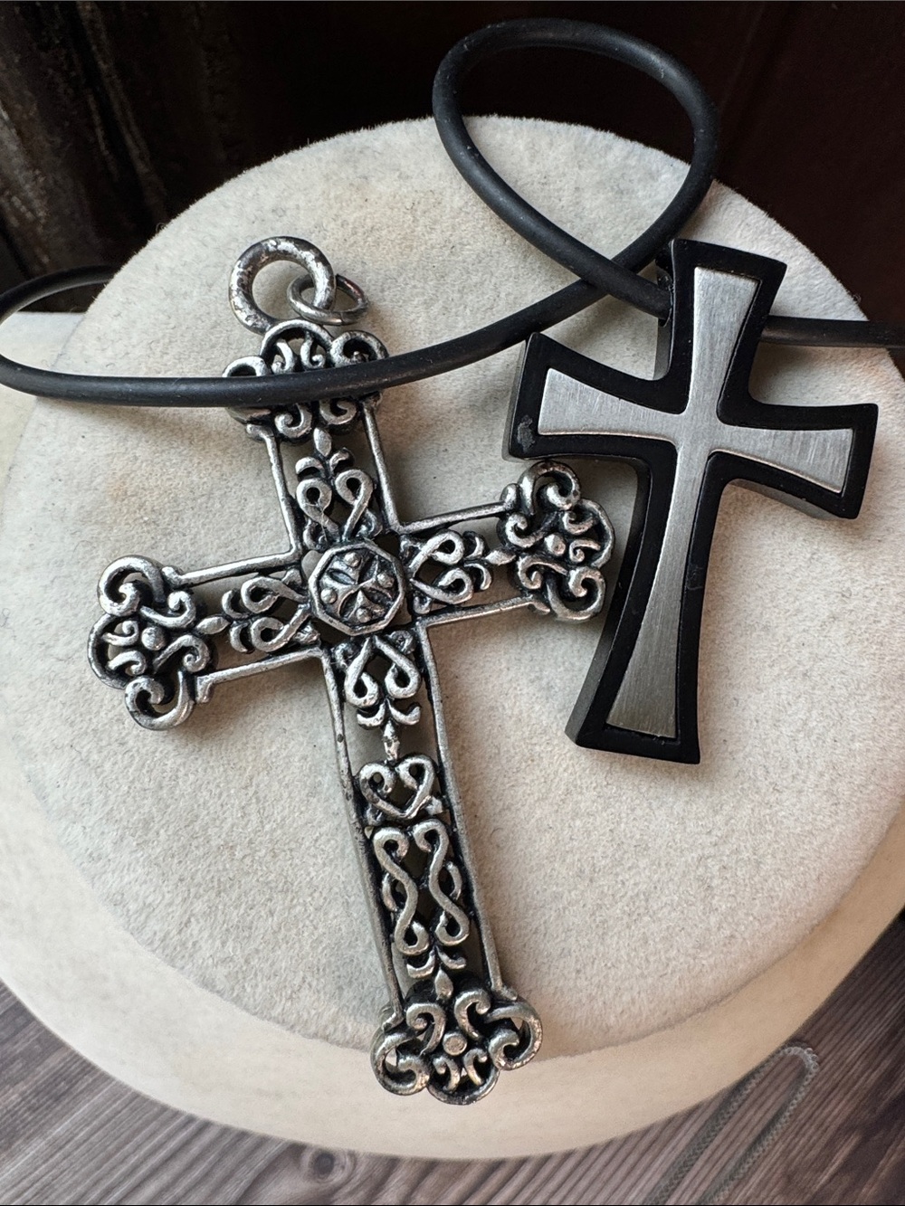 Ornate Silver and Black Cross Pendant Necklace for Women 18”